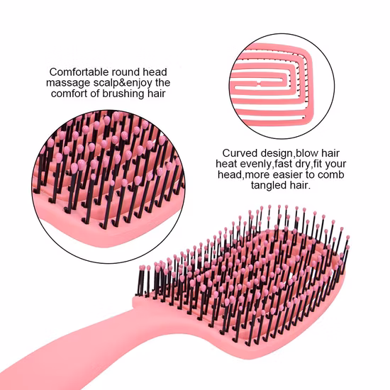 Venta al por mayor de cepillo de pelo desenredante con ventilación curvada de secado rápido con pasadores flexibles con punta de bola